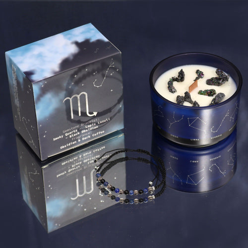 Coffret Scorpion avec bougie parfumée aux cristaux et bracelet en pierres naturelles, cadeau astrologique bien-être