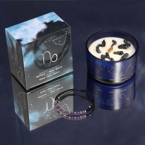 Coffret capricorne avec bougie parfumée aux cristaux et bracelet en pierres naturelles, cadeau astrologique bien-être