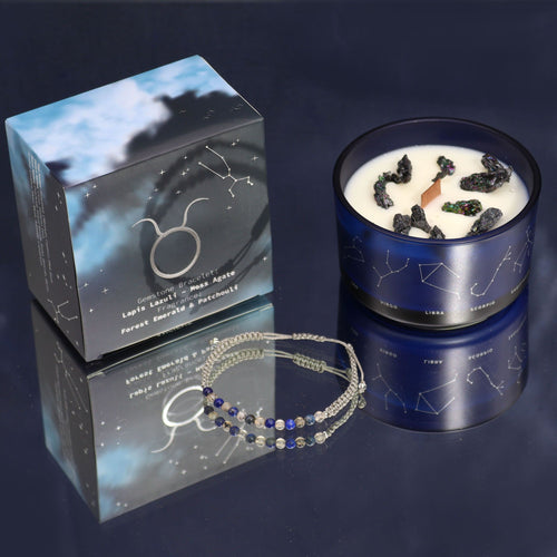 Coffret taureau avec bougie parfumée aux cristaux et bracelet en pierres naturelles, cadeau astrologique bien-être