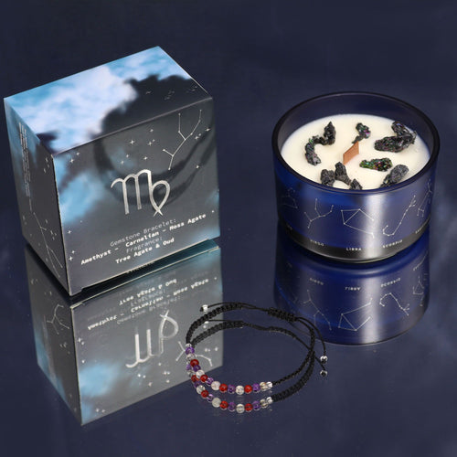 Coffret vierge avec bougie parfumée aux cristaux et bracelet en pierres naturelles, cadeau astrologique bien-être