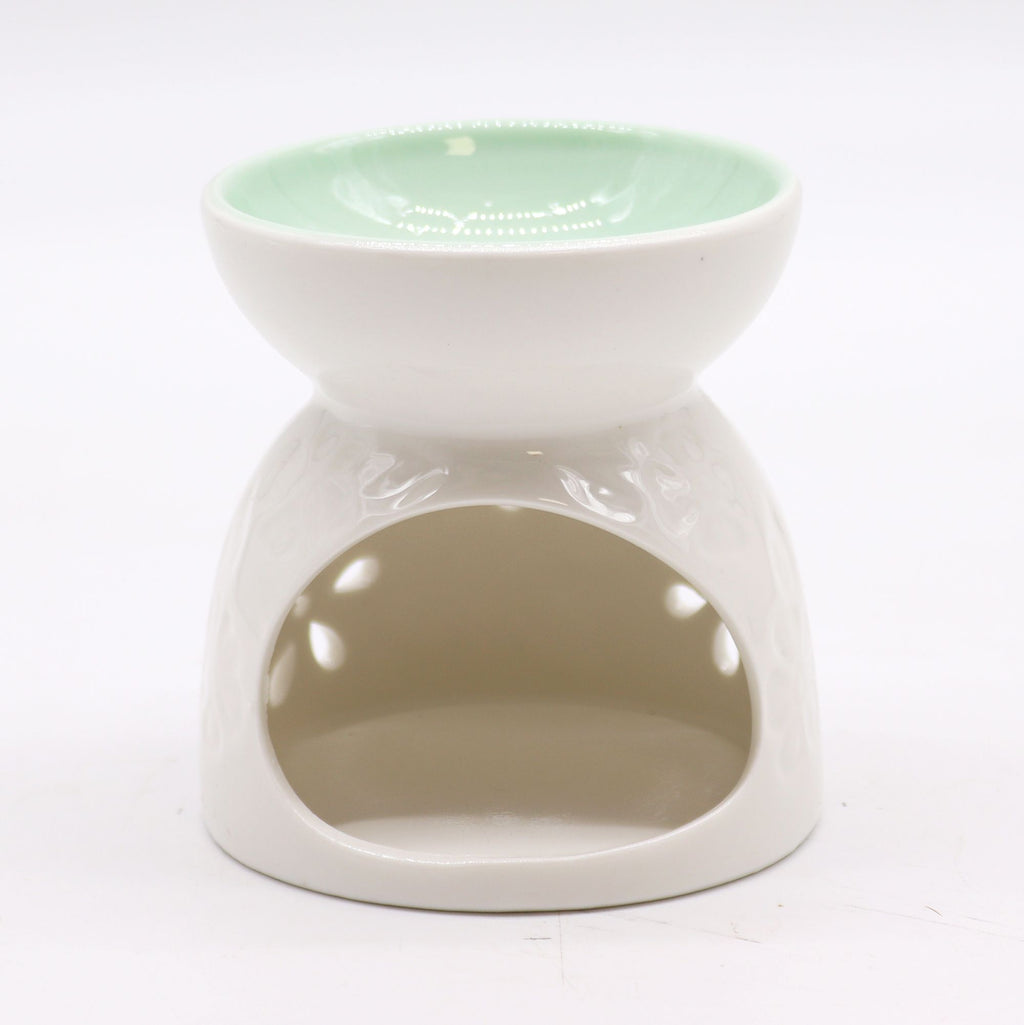 brûleur à huile blanc en céramique avec ouverture pour bougie chauffe plat et réservoir pour huiles parfumées