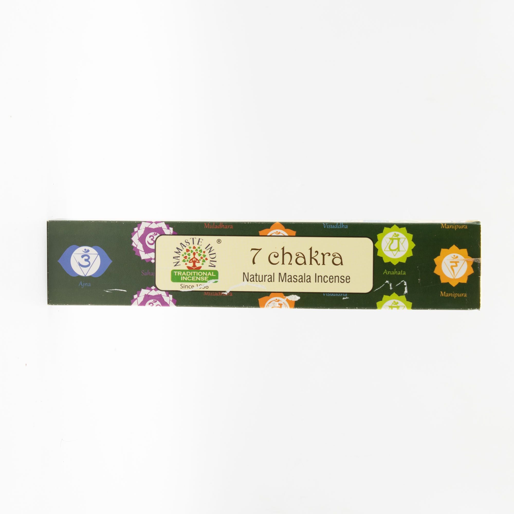 boite encens 7 chakras Namaste Mandala avec motifs colorés et symboles énergétiques