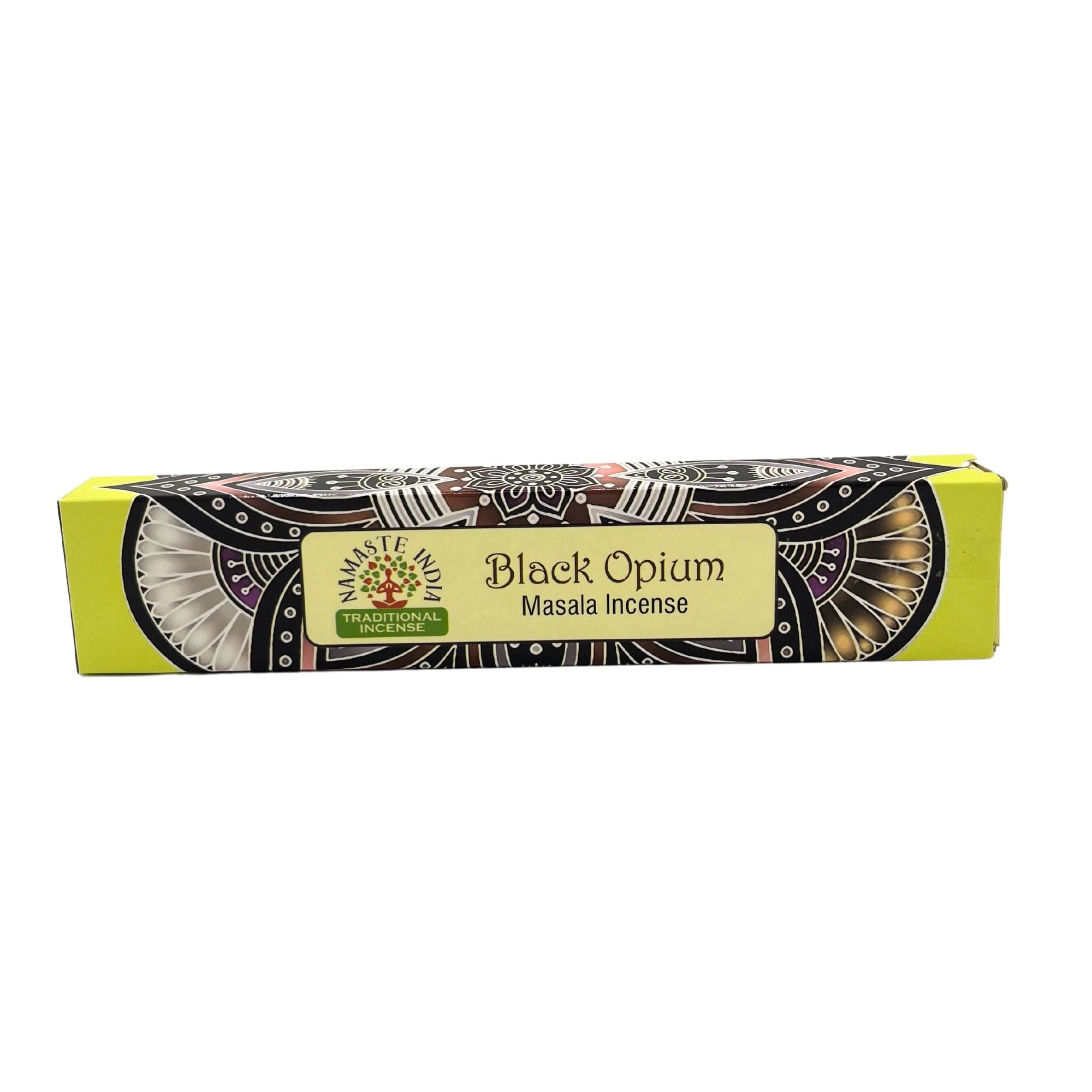 Détail boîte encens Namaste Mandala black opium avec motif mandala coloré et packaging artisanal