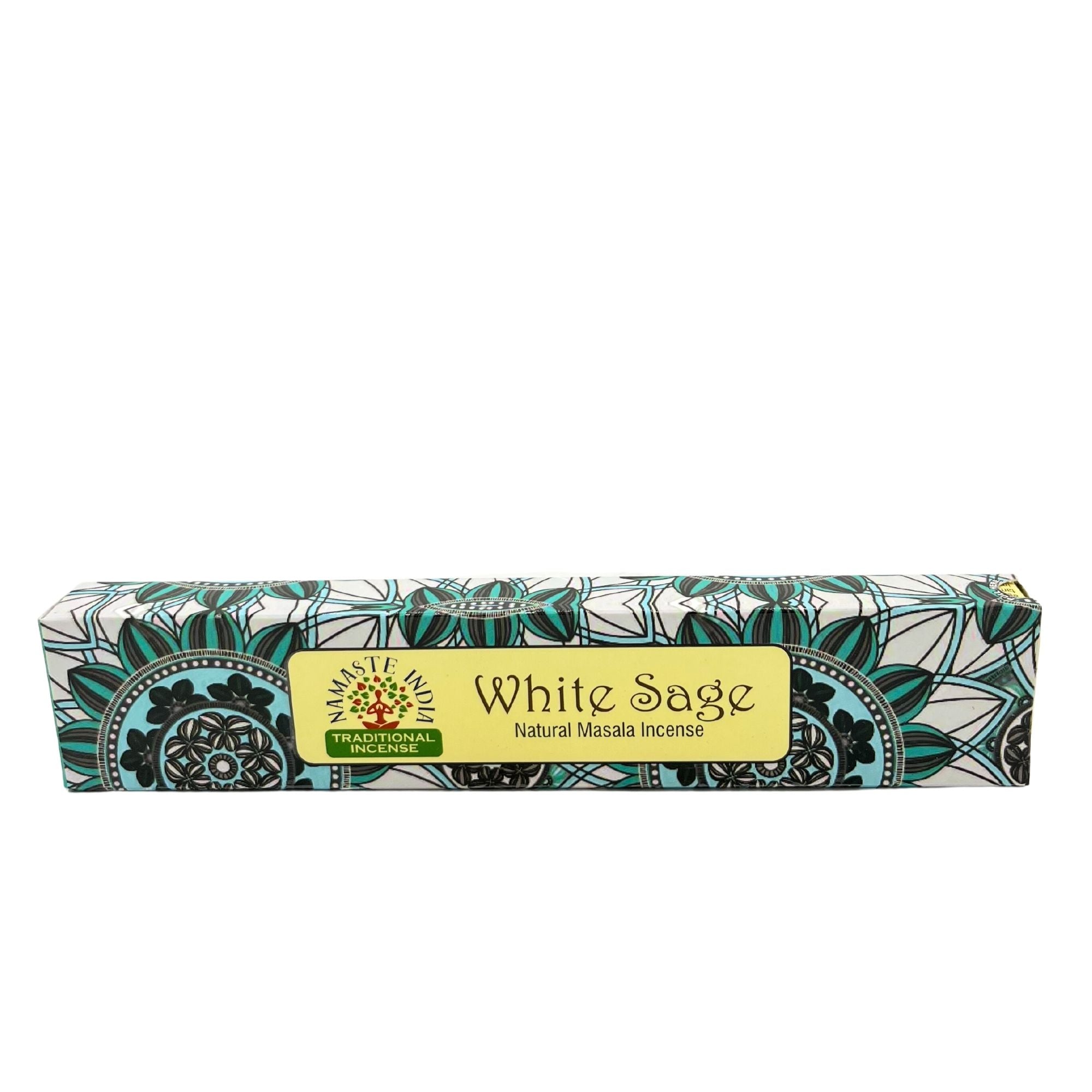 Détail boîte encens Namaste Mandala sauge blanche avec motif mandala coloré et packaging artisanal