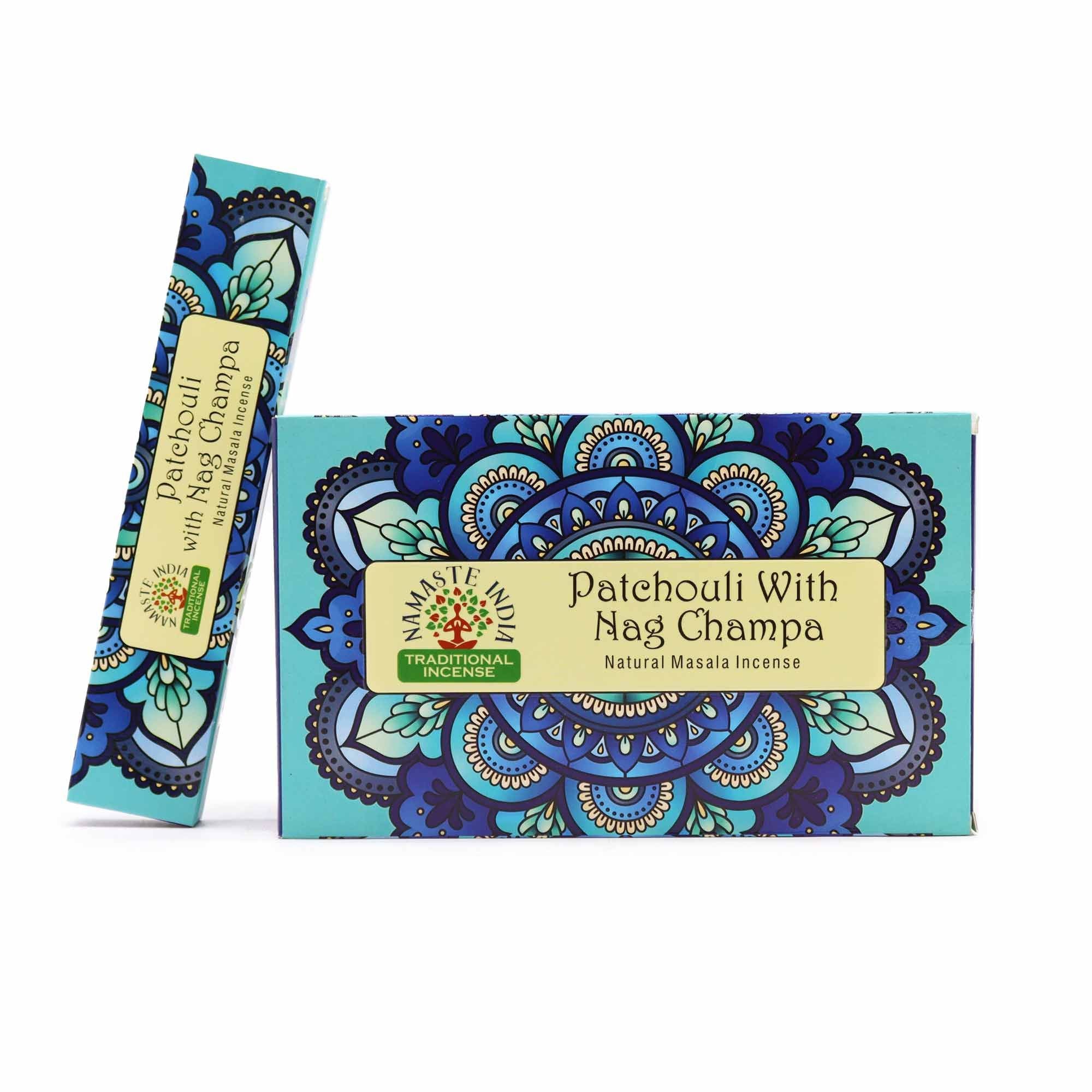 Boîte d’encens Namaste Mandala patchouli et nag champa avec bâtonnets naturels, parfum apaisant pour relaxation et méditation