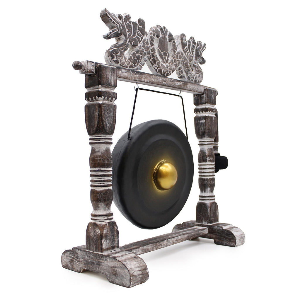 gong spirituel noir 25 cm avec support décoratif en bois, instrument de méditation et bien-être