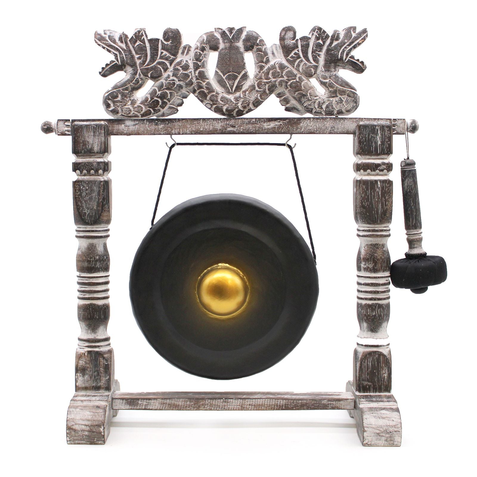 gong de méditation noir 25 cm avec support en bois sculpté, instrument balinais artisanal pour relaxation et énergie