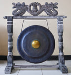 gong de méditation noir 35 cm avec support en bois sculpté, instrument spirituel balinais pour yoga et relaxation
