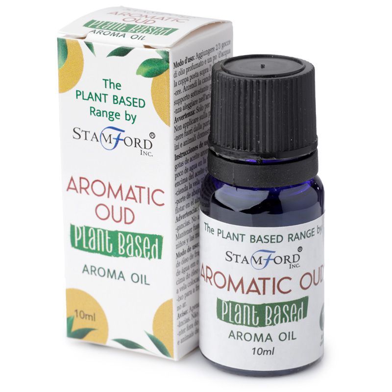 Flacon huile aromatique oud avec son étui au design naturel, idéal pour diffusion et ambiance bien-être