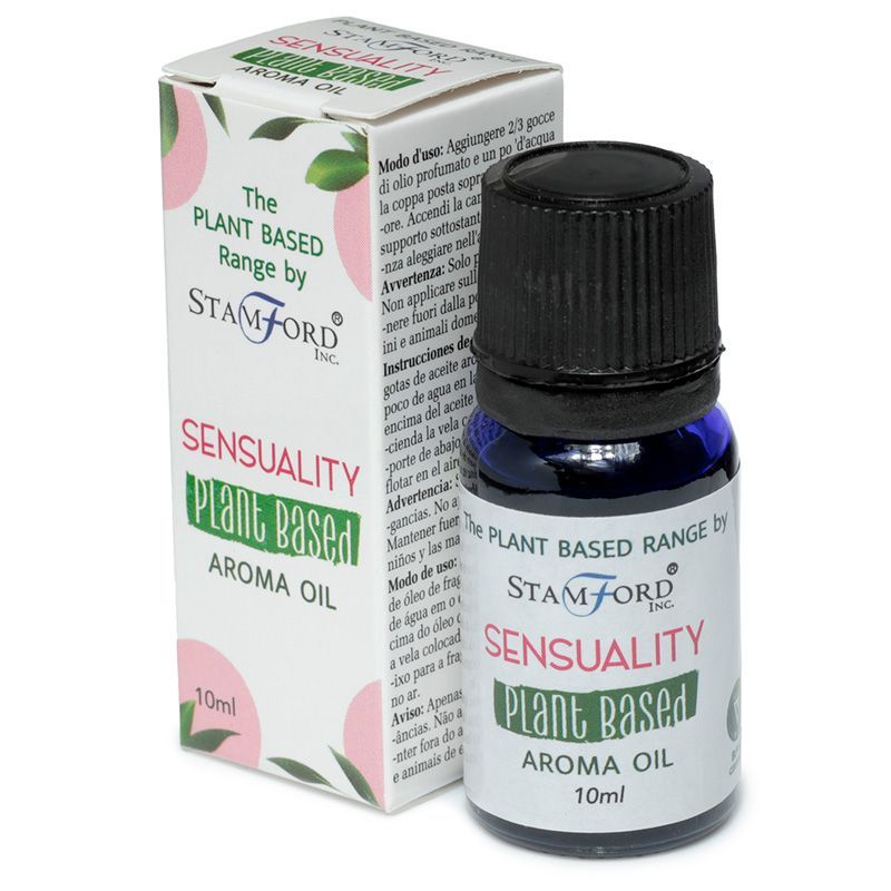 Flacon huile aromatique sensualité avec son étui au design naturel, idéal pour diffusion et ambiance bien-être