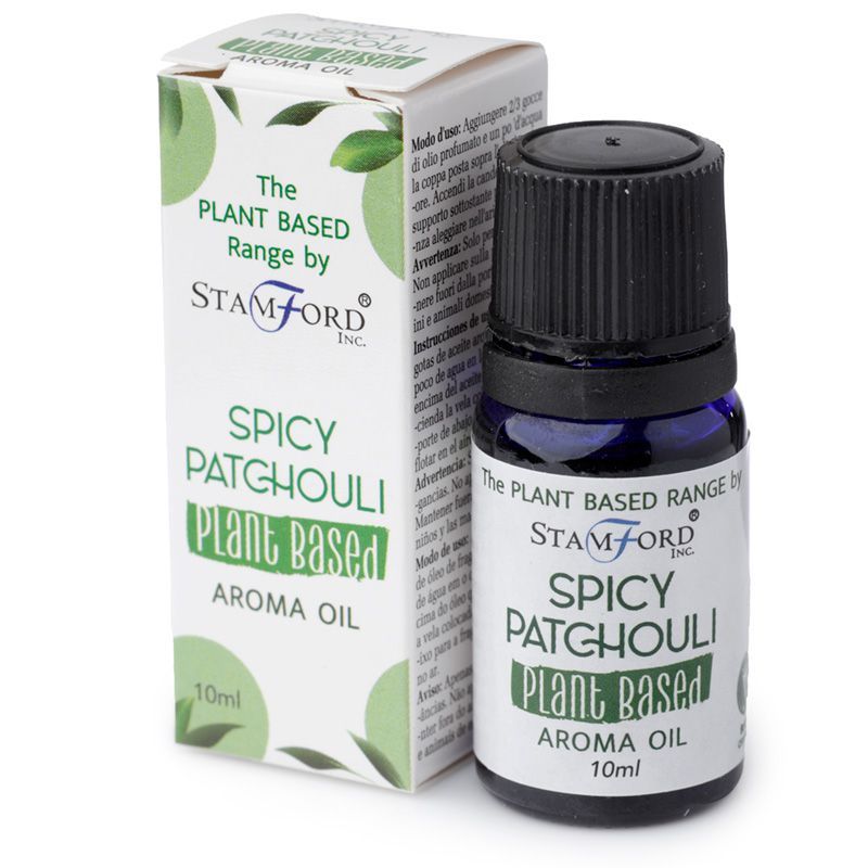 Flacon huile aromatique spicy patchouli avec son étui au design naturel, idéal pour diffusion et ambiance bien-être
