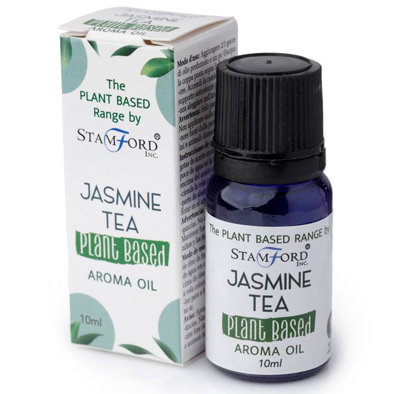 Flacon huile aromatique thé jasmin avec son étui au design naturel, idéal pour diffusion et ambiance bien-être
