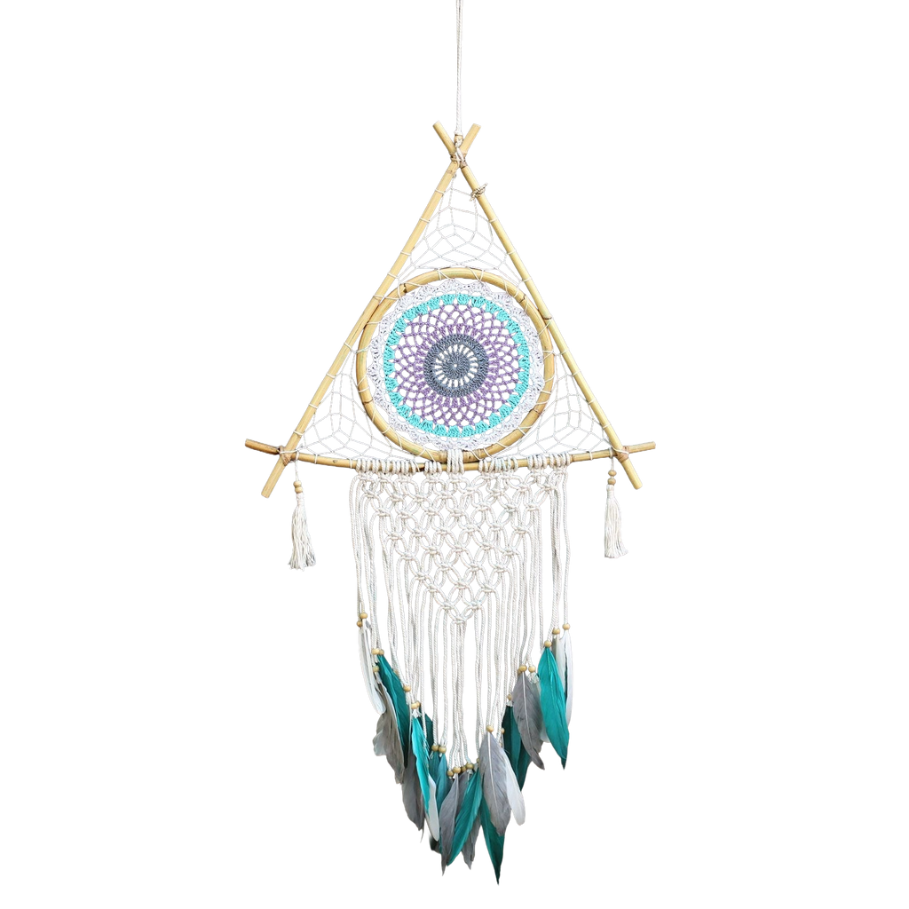Attrape-Rêves Macramé Pyramide | Blanc & Turquoise, Fait Main