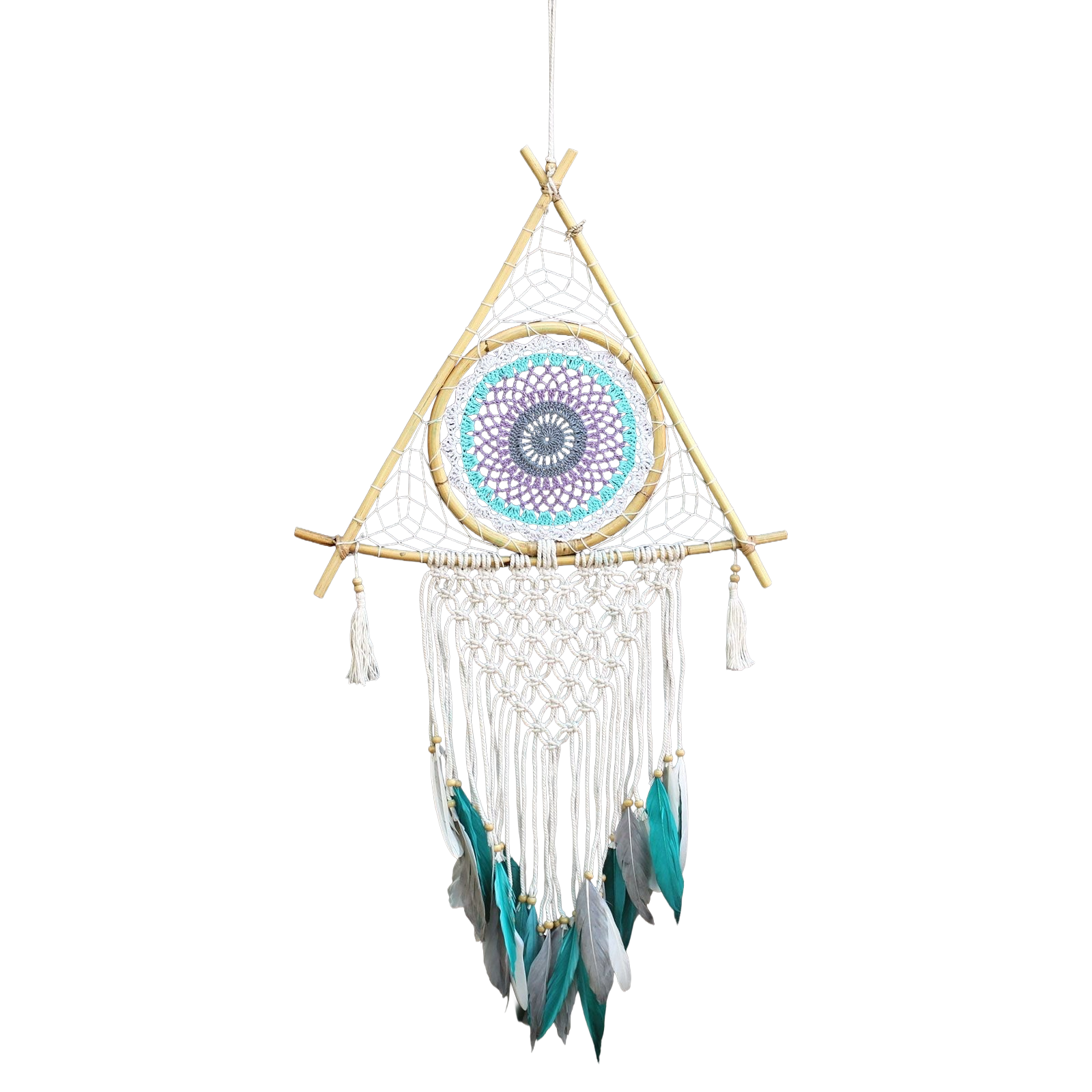Attrape-Rêves Macramé Pyramide | Blanc & Turquoise, Fait Main