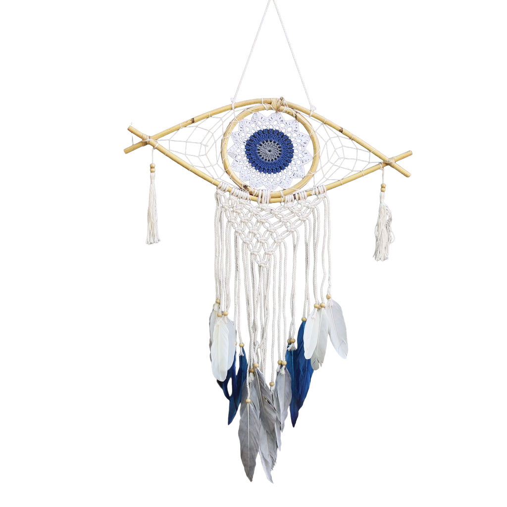 Attrape-Rêves Macramé Œil | Blanc, Bleu & Gris Apaisant