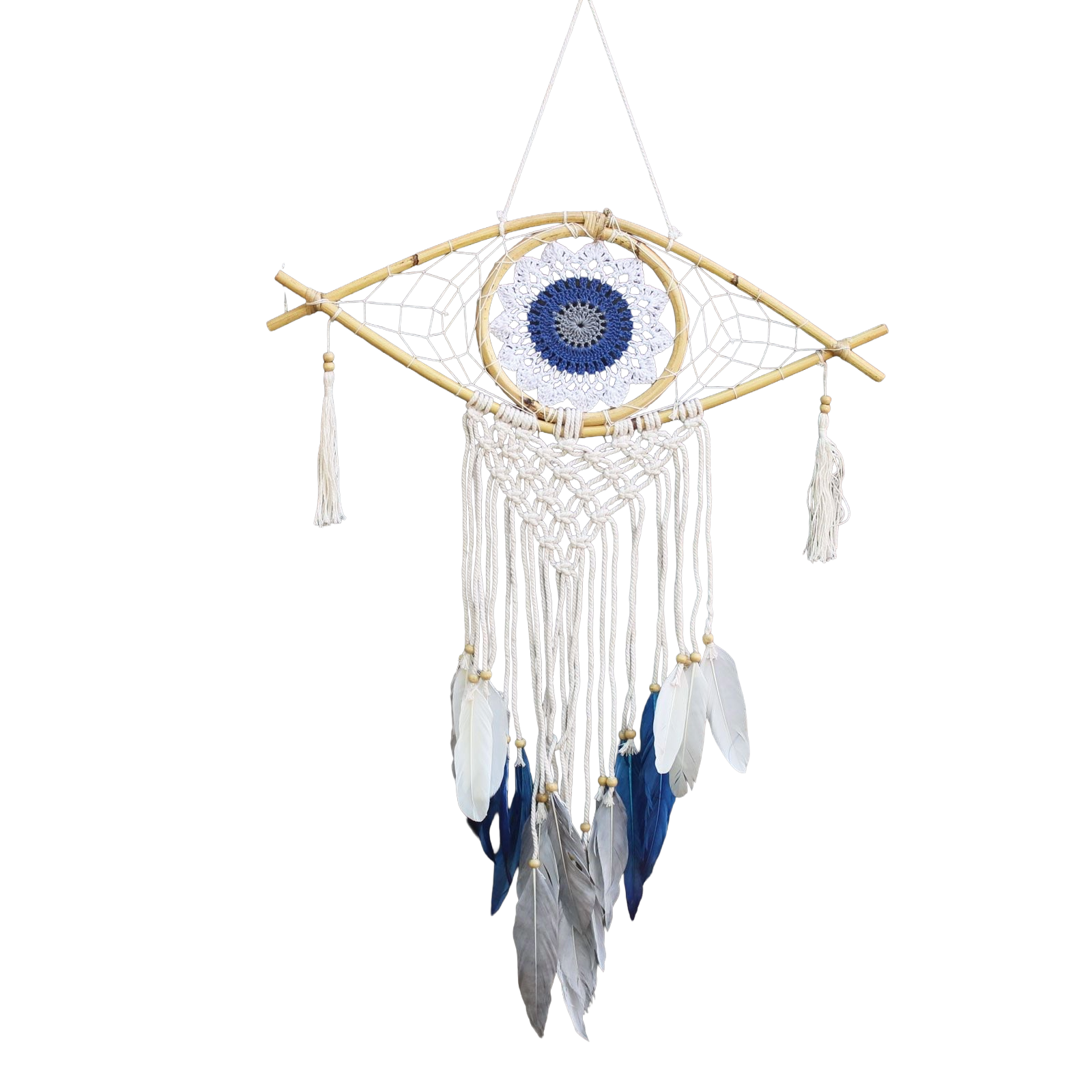 Attrape-Rêves Macramé Œil | Blanc, Bleu & Gris Apaisant