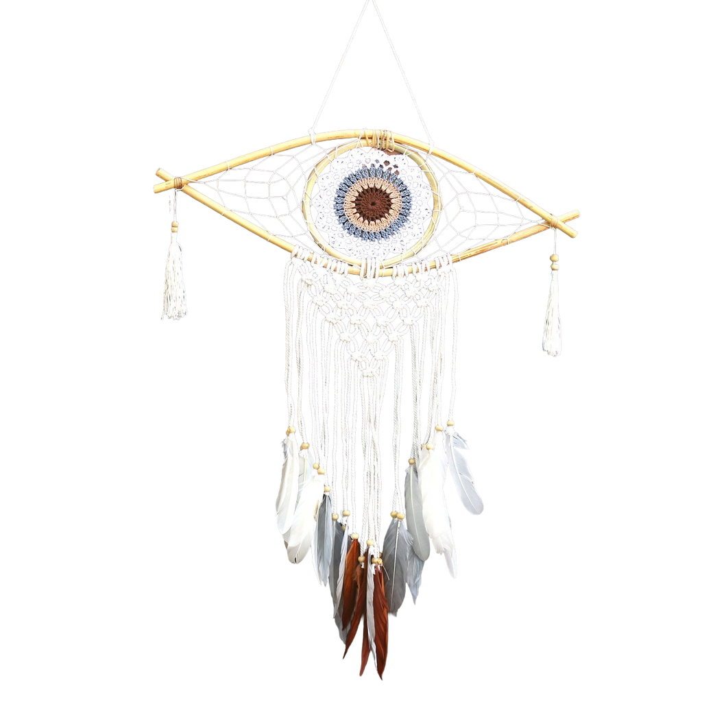 Attrape-Rêves Macramé Œil | Décoration Apaisante Blanc Gris Brun