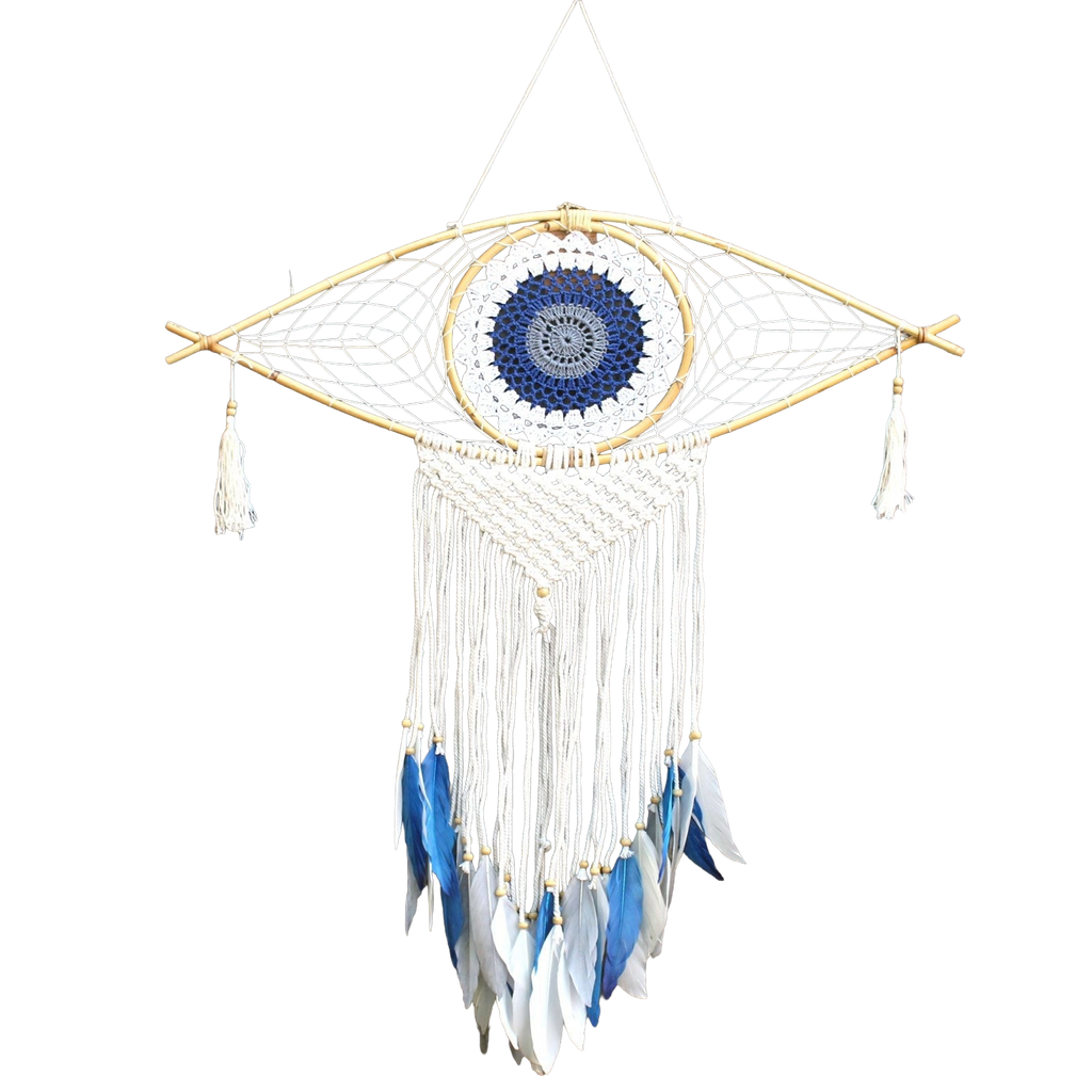 Attrape-Rêves Macramé Œil | Décoration Zen Blanc Bleu Gris