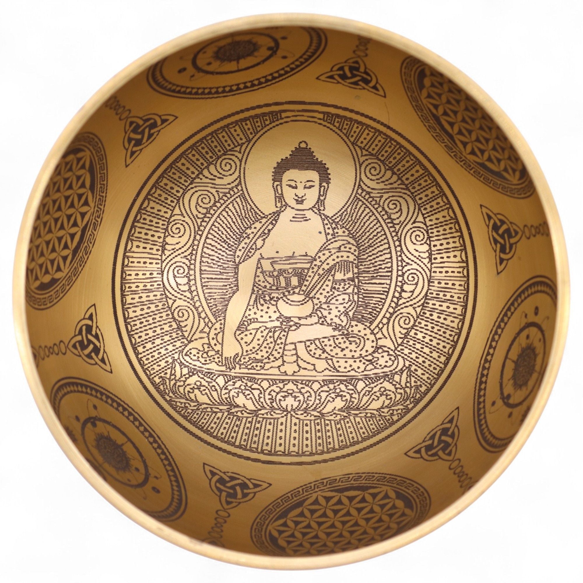 Intérieur d’un bol chantant tibétain bouddha avec gravure détaillée de Bouddha et symboles spirituels