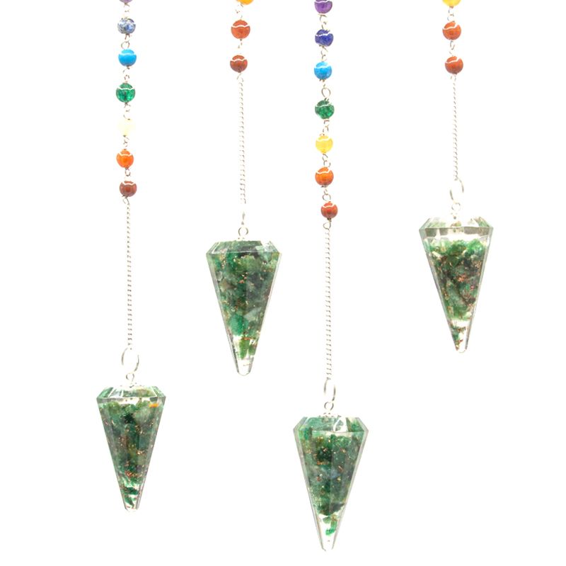 Pendules orgonite aventurine verte avec chaîne chakra multicolore pour radiesthésie et équilibre énergétique
