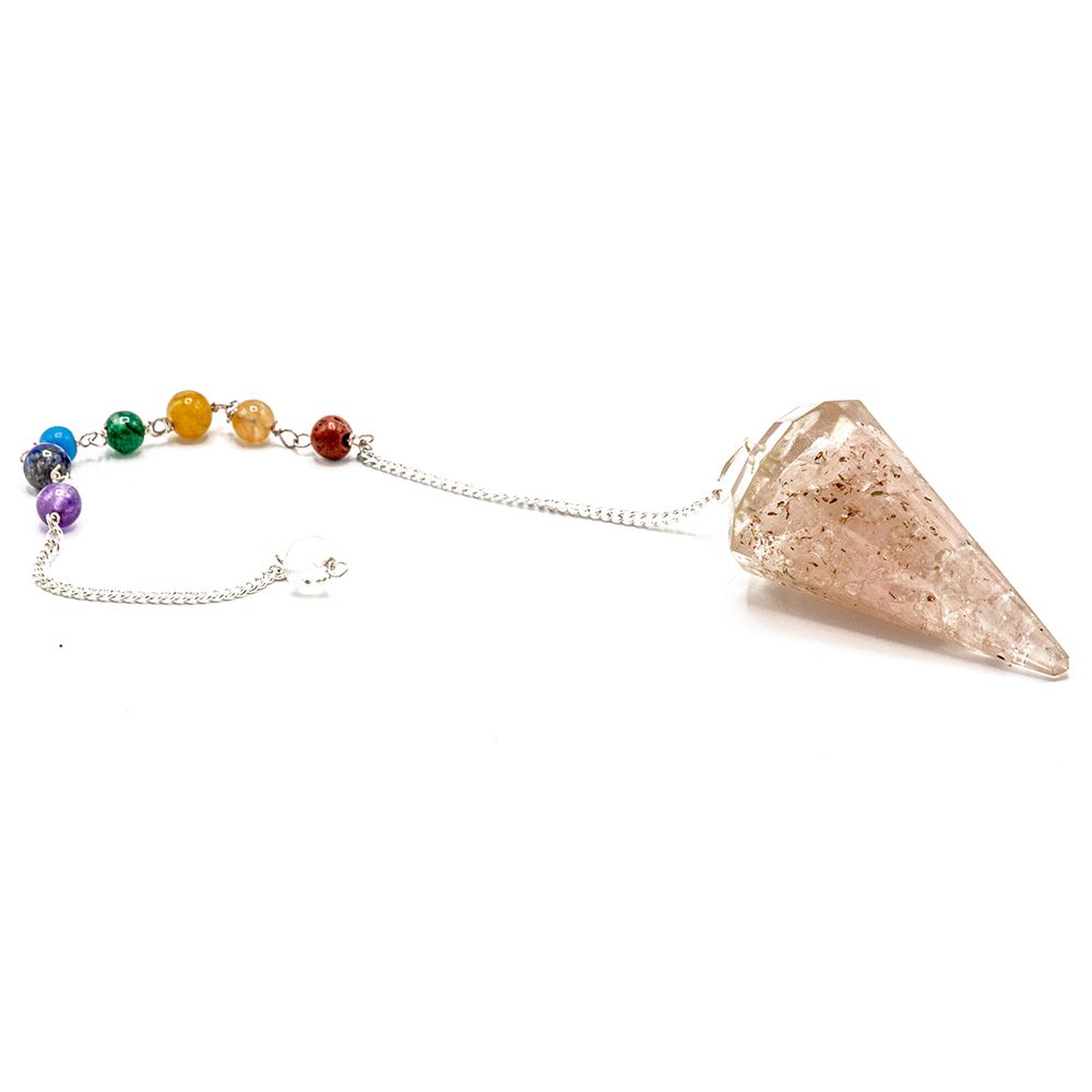 Pendule en orgonite quartz rose avec perles chakra colorées, outil de radiesthésie et méditation