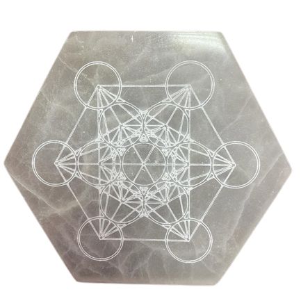 Plaque en selenite hexagonale avec geometrie sacree pour clarte mentale alignement et prise de decision