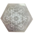 Plaque en selenite hexagonale avec geometrie sacree pour clarte mentale alignement et prise de decision