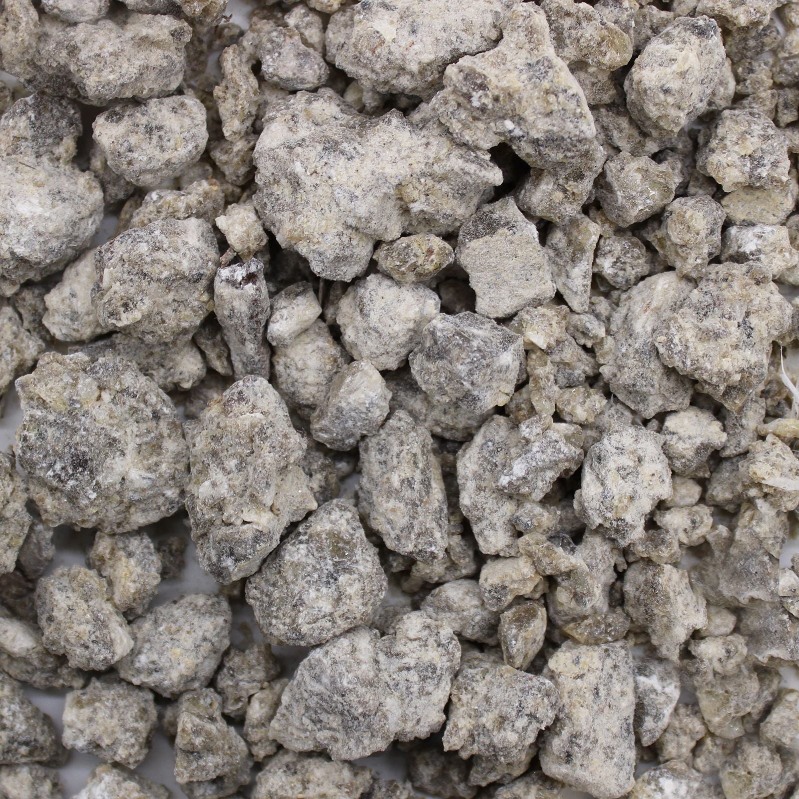Gros plan sur des morceaux de résine de benjoin naturelle aux teintes blanc gris présentés en vrac