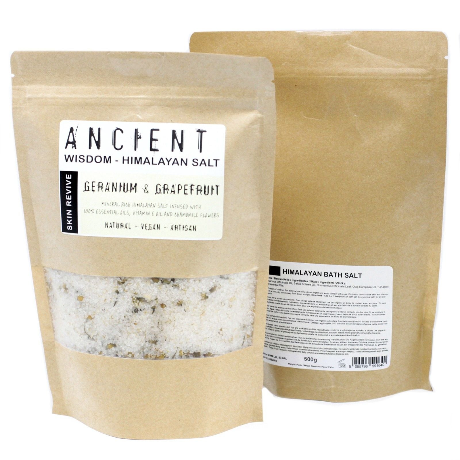 Sachet de sel de bain Himalaya Skin Revive 500g avec huiles essentielles géranium pamplemousse et fleurs naturelles
