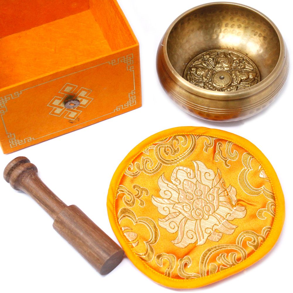 Bol chantant tibétain 5 bouddha avec coffret orange, coussin et maillet en bois pour pratique méditative