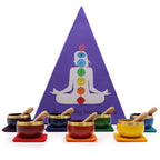 Bols chantants chakras colorés disposés devant un coffret pyramidal, parfait pour relaxation et équilibre énergétique