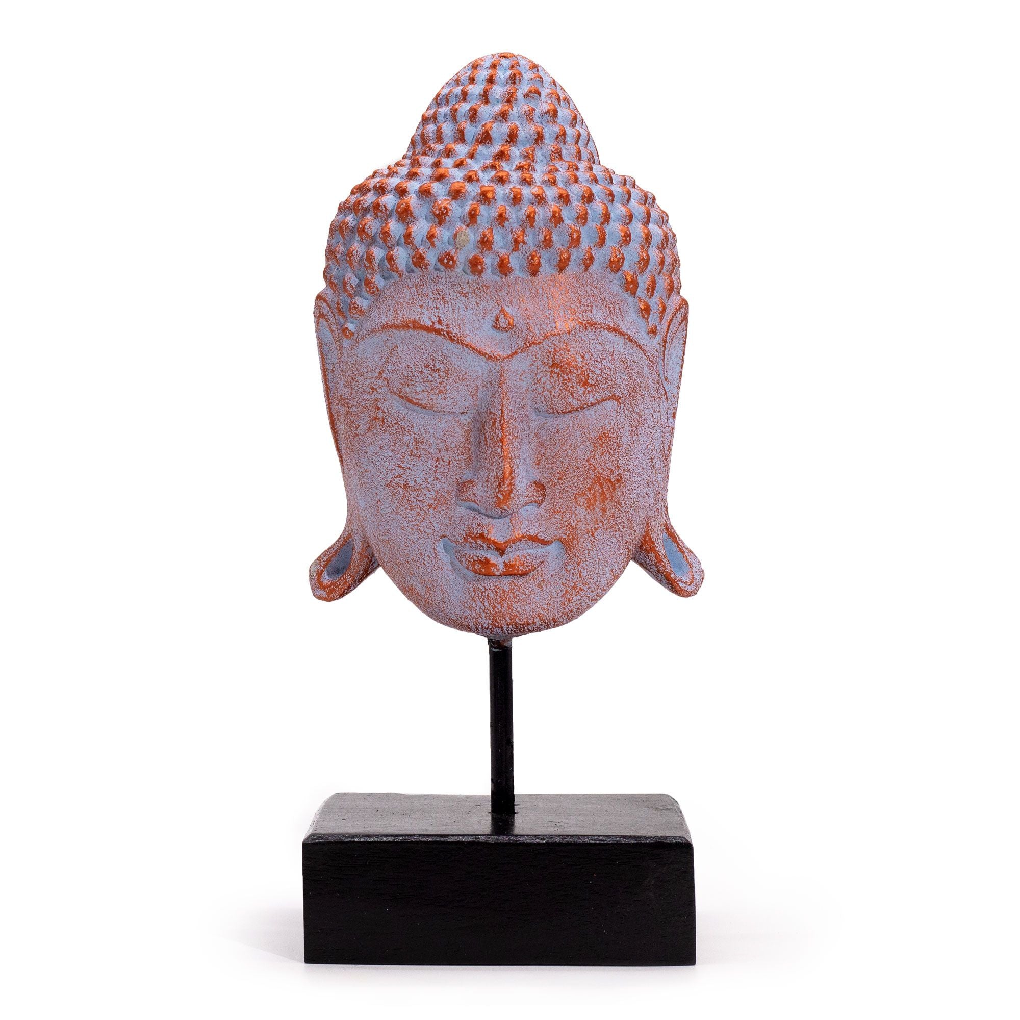 statue tete bouddha bleue cuivre sur socle decoration zen serenite