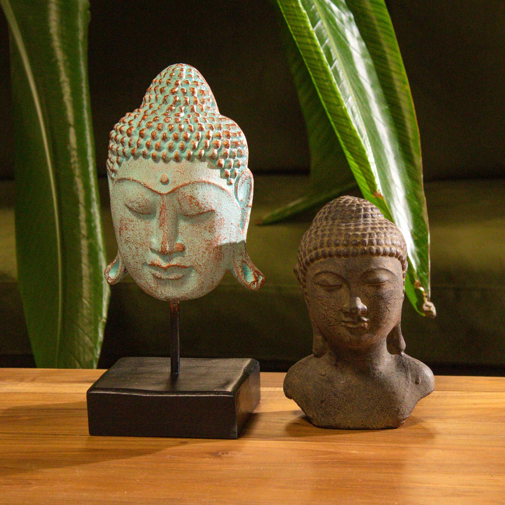 statue bouddha vert cuivré et statue foncé tête décoration zen artisanale