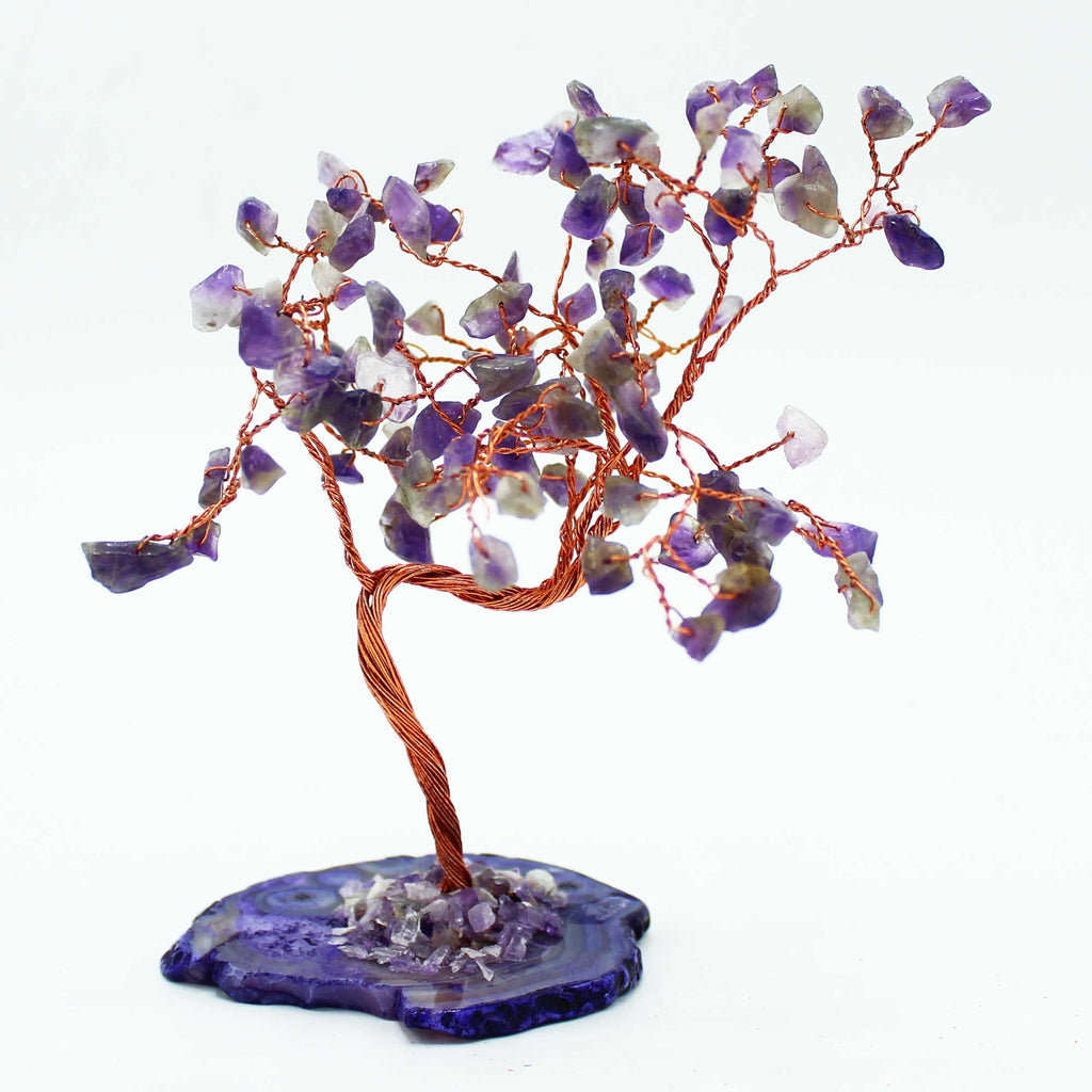 Arbre en améthyste avec pierres violettes et base en agate naturelle, décoration énergétique favorisant apaisement