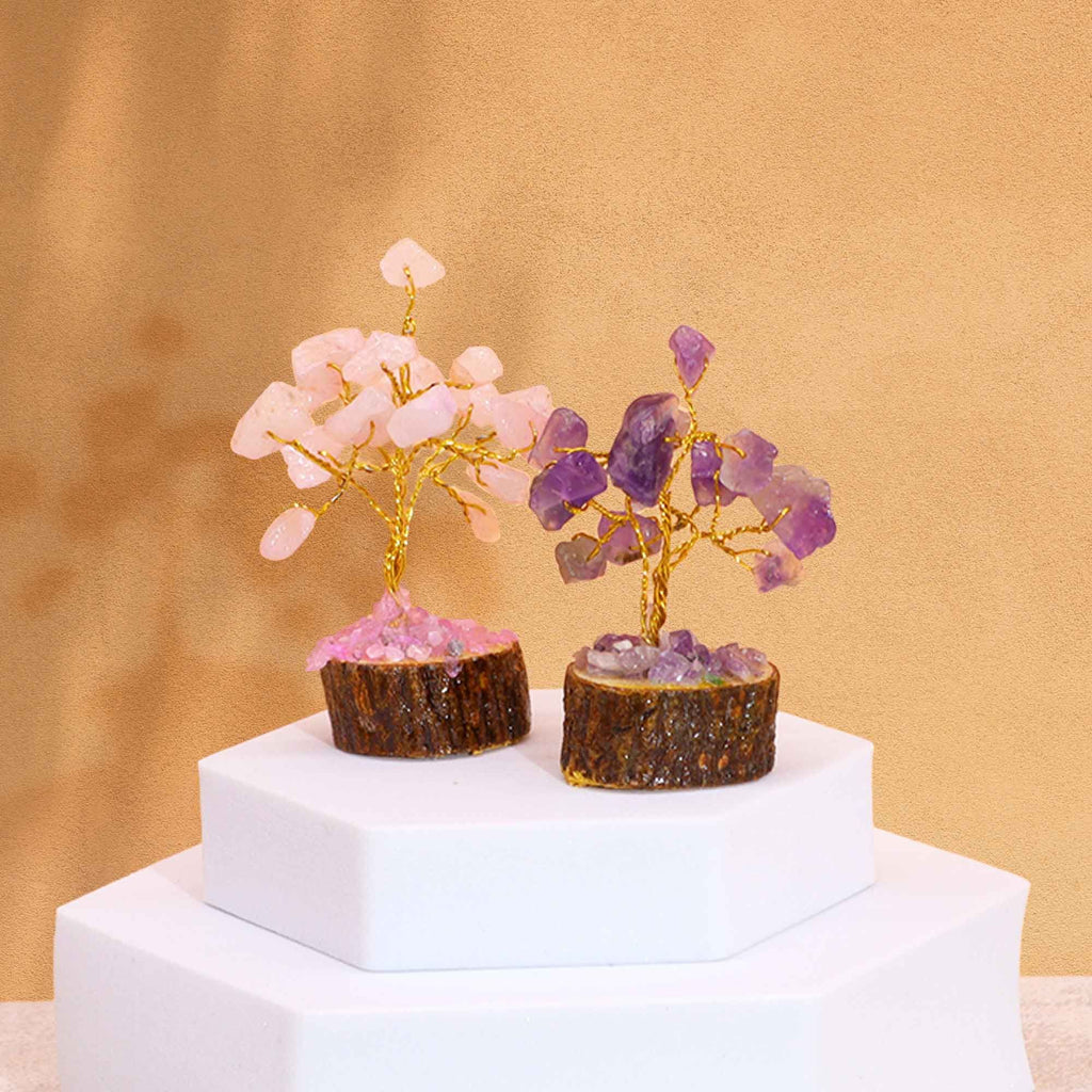 Arbres en Pierres Naturelles sur Socle Bois | Lot de 12 Mini Décorations Zen