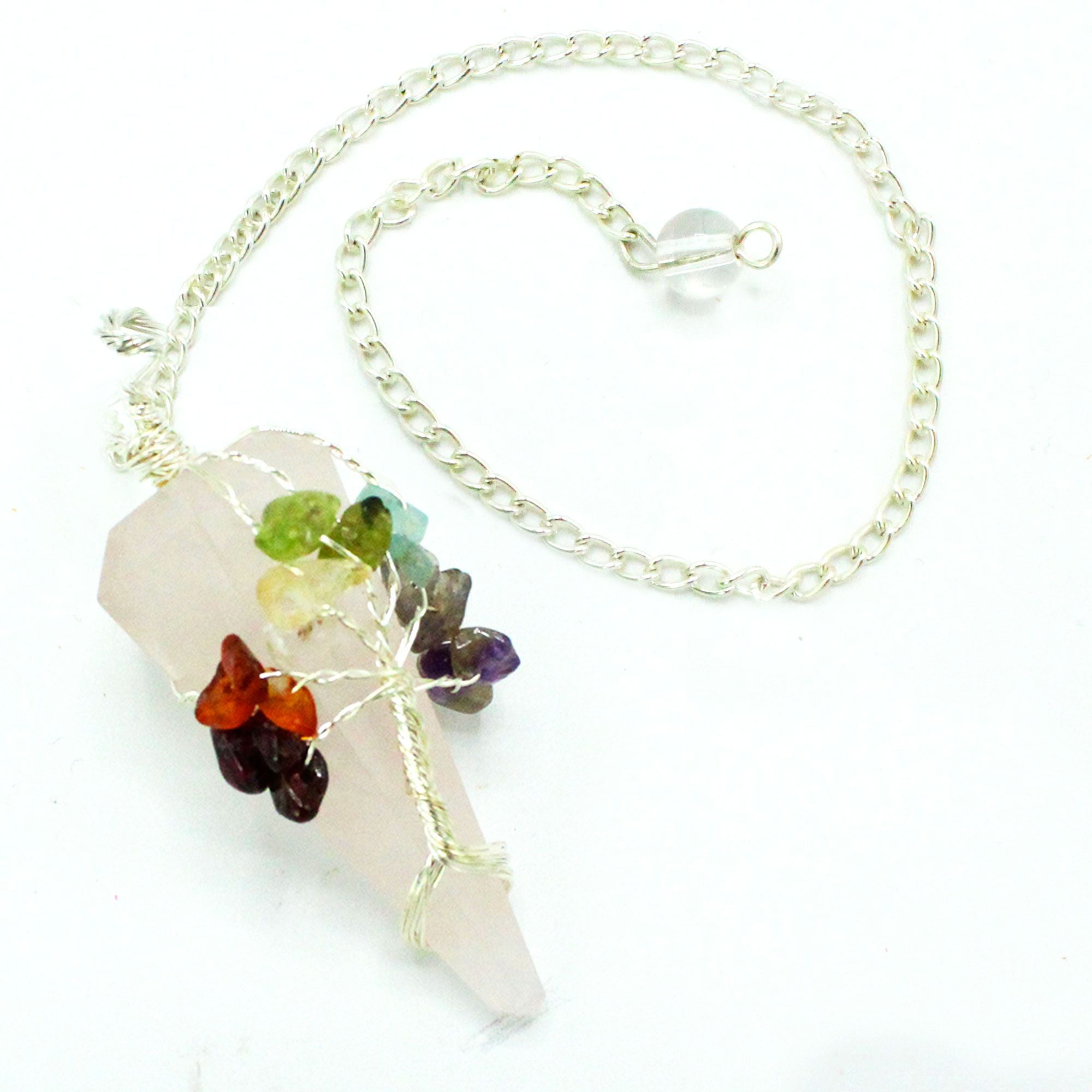 Pendule en Quartz Rose | Sept Chakras & Perles Gemmes