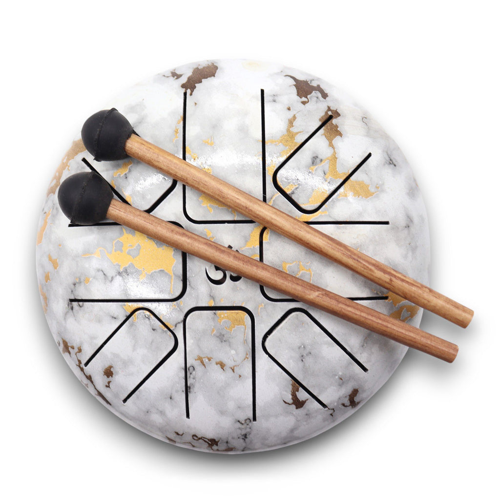 Tongue Drum Acier | Motif Marbre Blanc & Or, Sons Apaisants