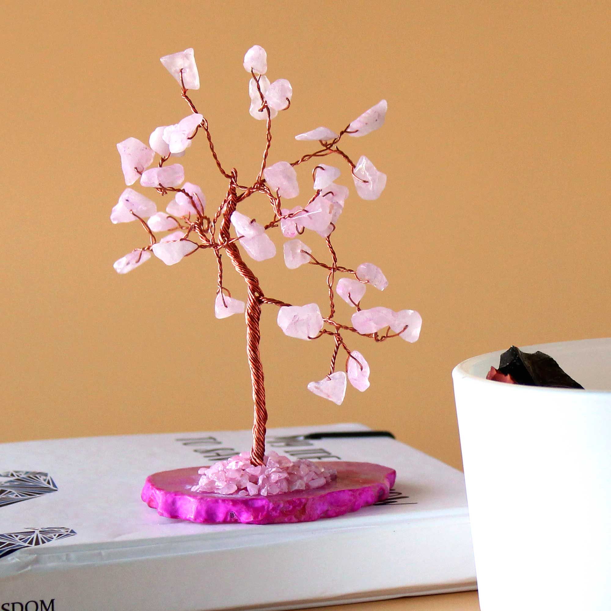 Arbre de Quartz Rose | Socle en Agate Rose, 35 Pierres