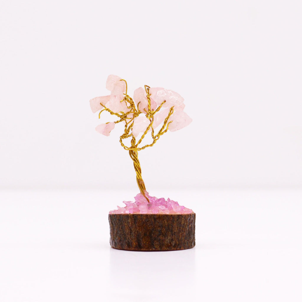 Arbre en Quartz Rose | Décoration Zen sur Socle Bois 15 Pierres