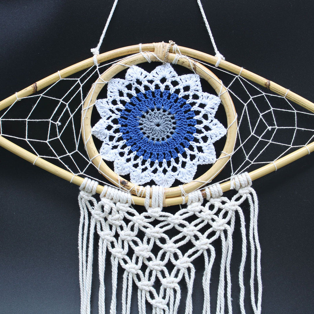 Attrape-Rêves Macramé Œil | Blanc, Bleu & Gris Apaisant