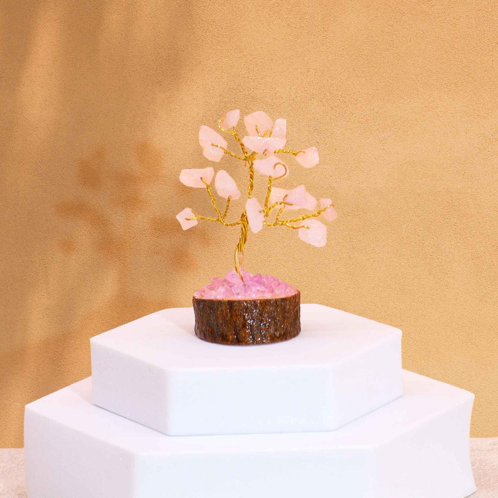 Arbre en Quartz Rose | Décoration Zen sur Socle Bois 15 Pierres