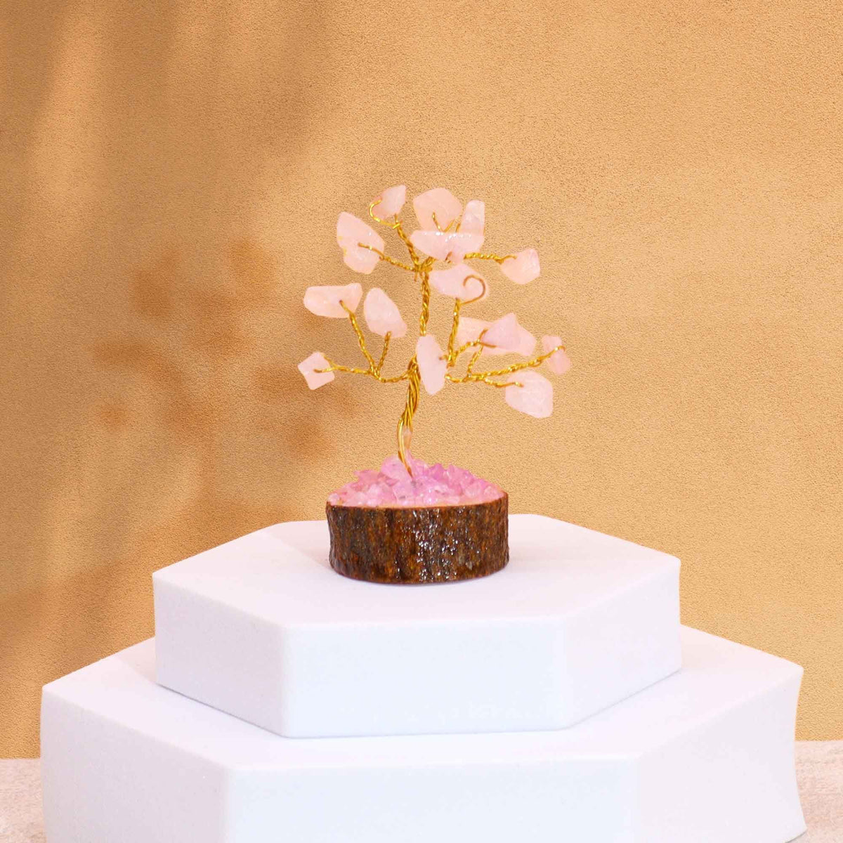 Arbre en Quartz Rose | Décoration Zen sur Socle Bois 15 Pierres