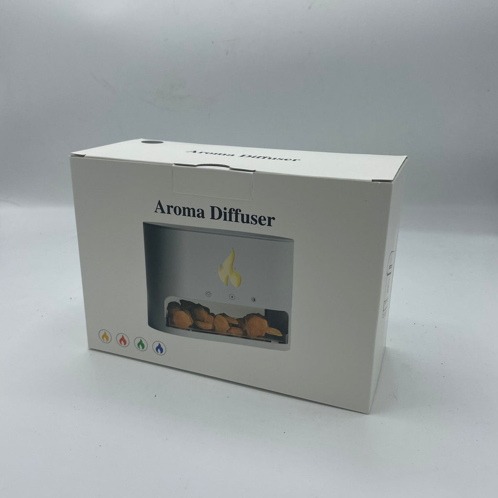 Boîte d'emballage blanc diffuseur aromatique aroma diffuser avec visuel produit et icônes couleurs flamme