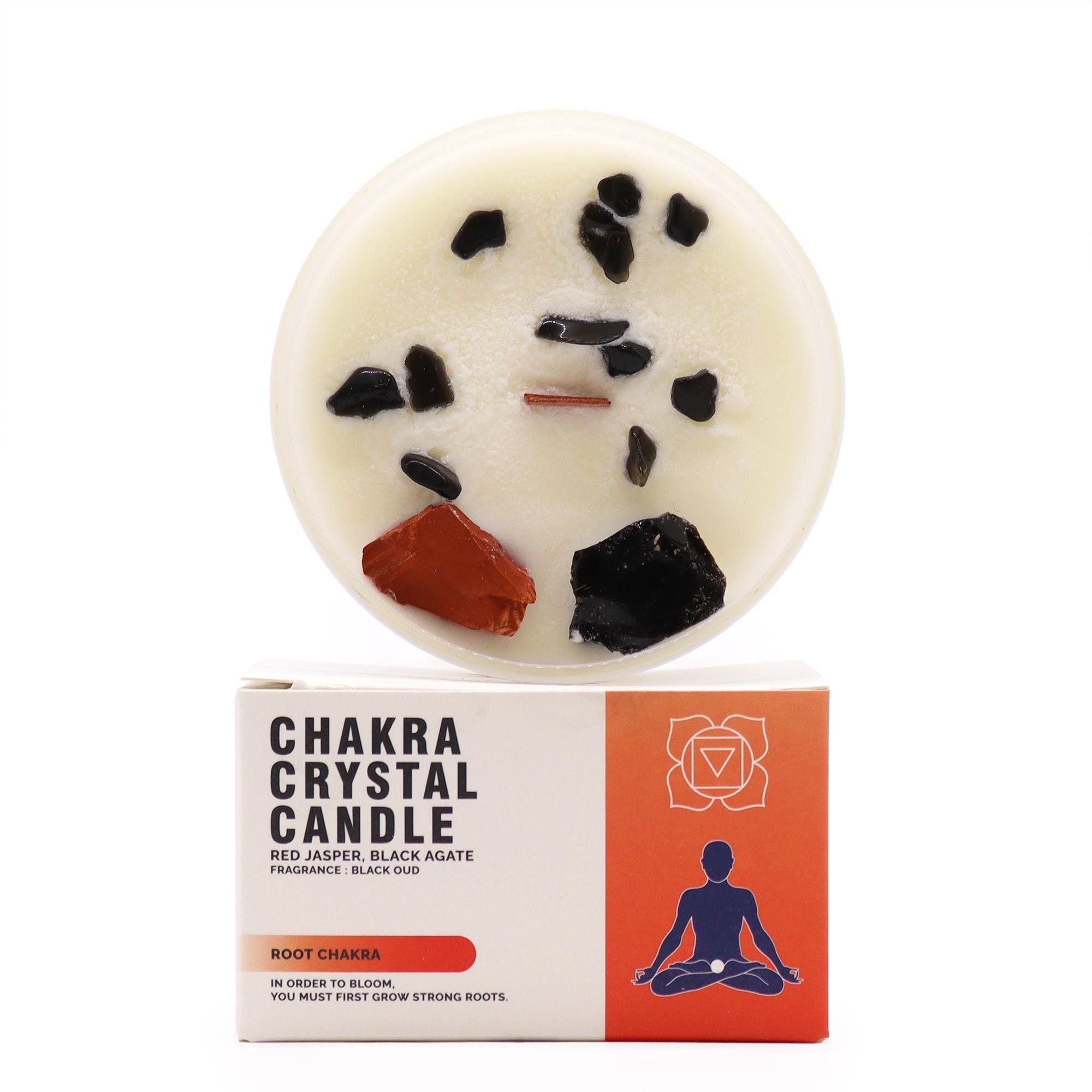 bougie energetique chakra racine avec pierres naturelles