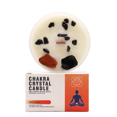 bougie energetique chakra racine avec pierres naturelles