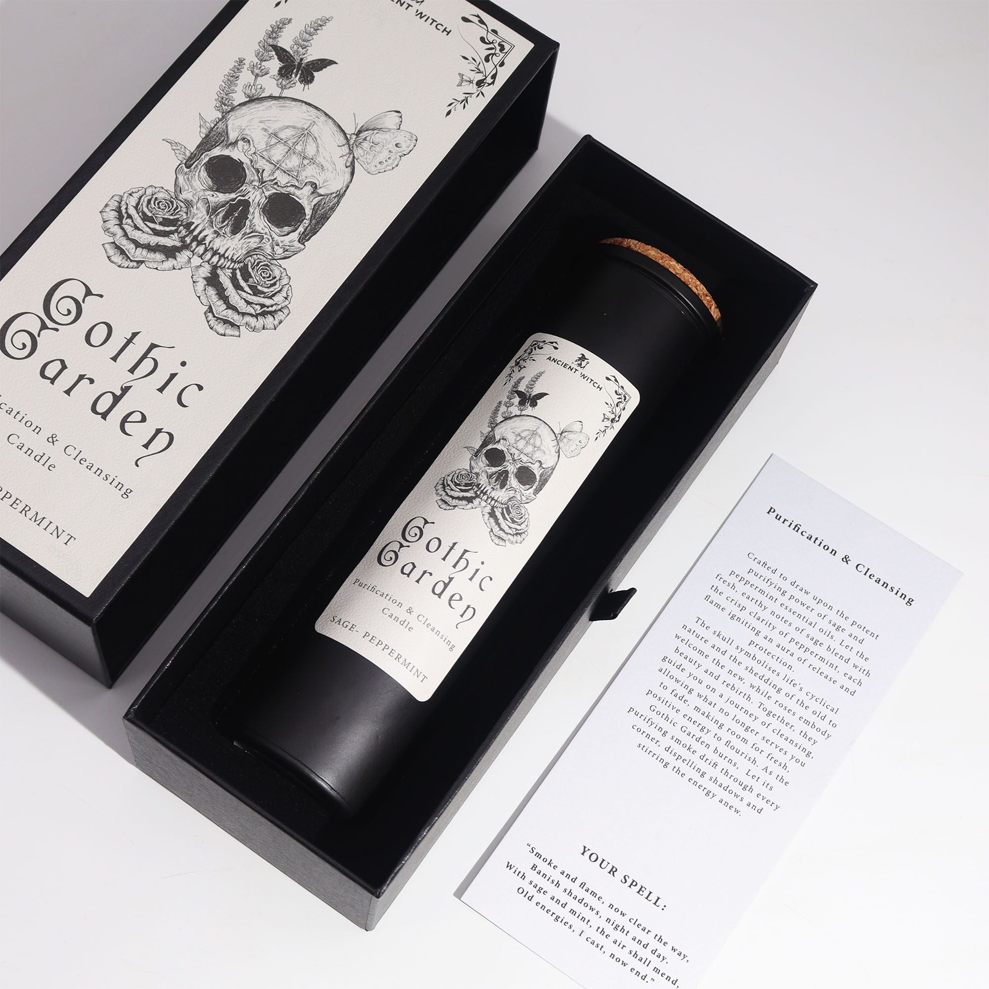 Bougie rituelle Gothic Garden dans son coffret ouvert avec carte de rituel incluse