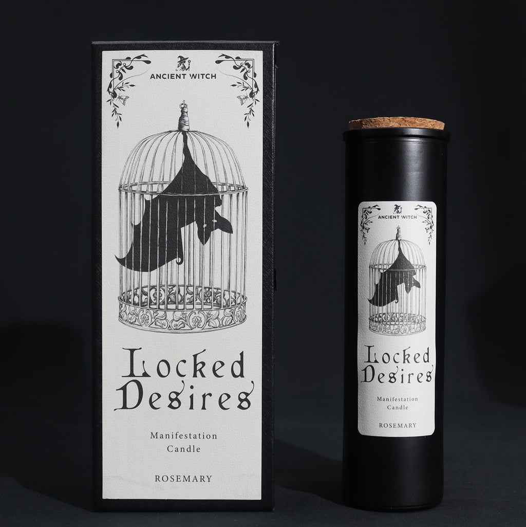 Bougie rituelle manifestation Locked Desires ambiance mystique avec coffret noir