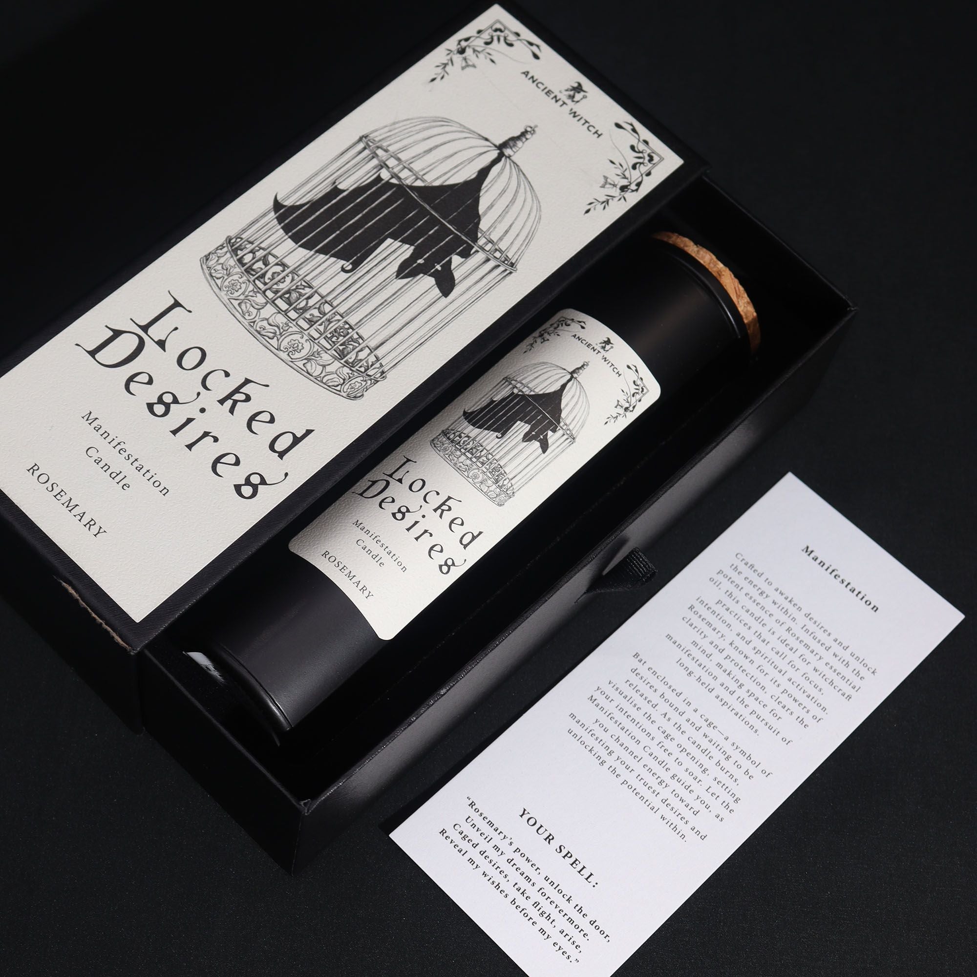 Bougie rituelle Locked Desires avec coffret premium et carte de rituel vue en angle
