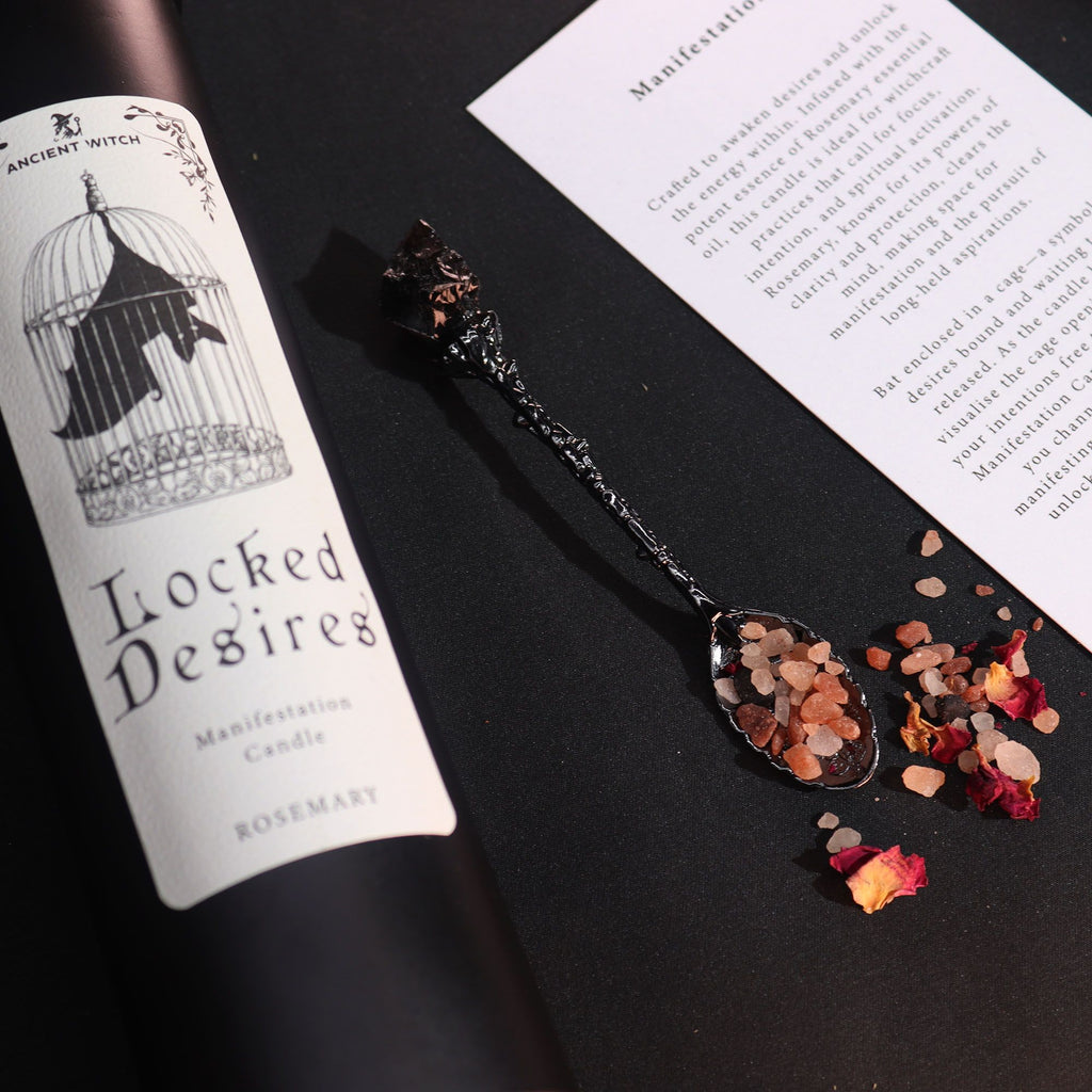 Bougie rituelle Locked Desires avec accessoires de rituel et éléments naturels pour manifestation
