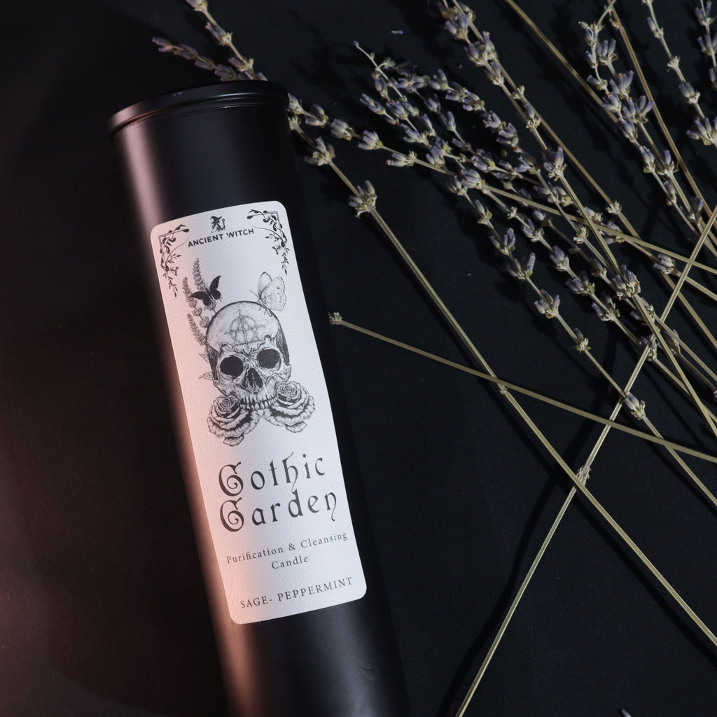 Bougie rituelle Gothic Garden avec accessoires de rituel et éléments naturels pour purification